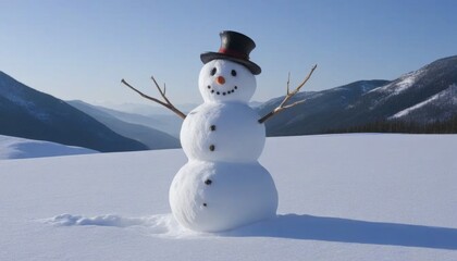 Obraz premium Smiling Snowman on a Snowy Mountain Landscape