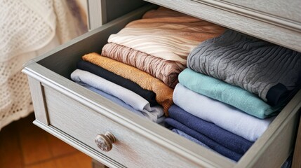 open dresser drawer with neatly folded clothes inside, home space organization