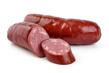 Smoked german sausages, isolated on white background