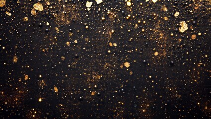 Golden Particles on Black. This image showcases a scattering of shimmering golden particles and stones against a deep black background, creating a striking contrast.