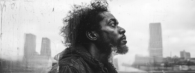 A striking image of resilience and hardship, blending a homeless figure with an urban landscape. © Pink Badger