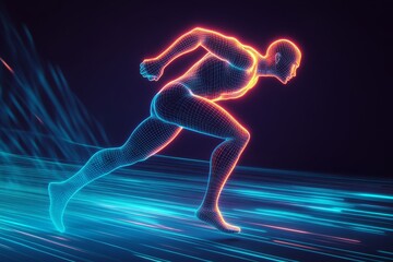 Wireframe man running on a blue and orange digital path.