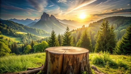 Wooden desk or stump set against a green forest background with a beautiful mountain at sunrise