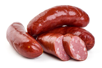 Smoked german sausages, isolated on white background
