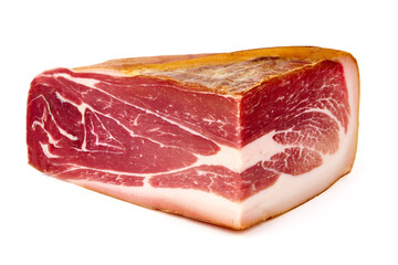 Delicious Serrano ham, cured jamon iberico, isolated on white background