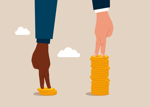 White hand human standing on high salary coins tower with poor man on low coins stack. Economic inequality, rich and poor gap, unfairness income, different money people being paid. 