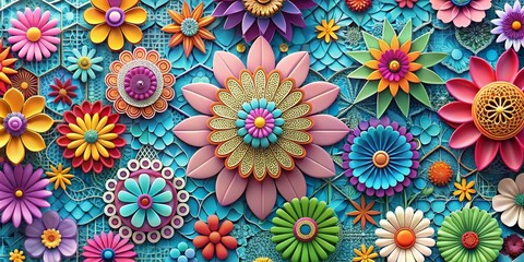 3D Flower Mosaic - Blue Background, 3D Rendering, Paper Flowers, flower arrangement, floral art, 3D design, floral pattern