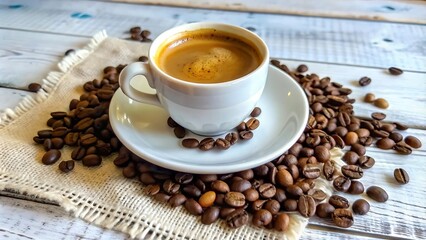 Fototapeta premium Espresso Coffee Cup With Beans On Vintage Table