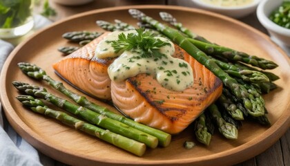Delicious Grilled Salmon with Asparagus and Lemon Sauce on a Plate