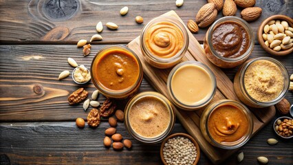 A variety of nut butters including peanut, cashew, almond, and sesame seeds with copy space