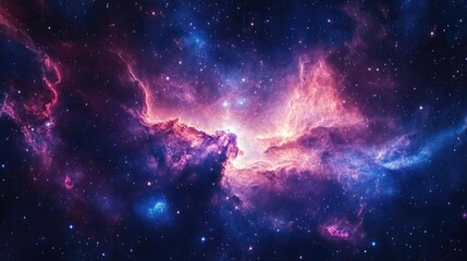 Obraz premium Dreamy view of a space nebula with radiant starlight and deep hues of blues, purples, and pinks representing galactic wonder.