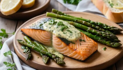 Delicious Grilled Salmon with Asparagus and Lemon Sauce on a Plate