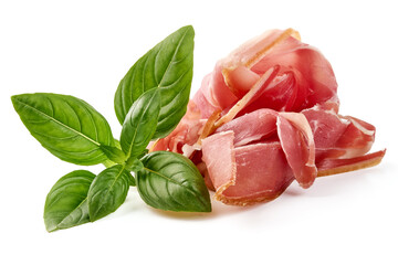 Delicious Serrano ham, cured jamon iberico, isolated on white background