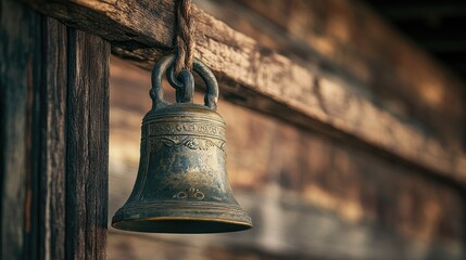 Obraz premium A close-up of a vintage brass bell hanging from a wooden frame, with intricate detailing and a rustic background, evoking a classic, nostalgic feel.