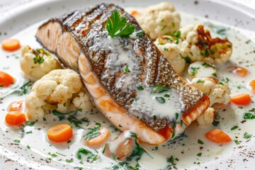 Breaded Salmon, Trout Fillet in Cream Sauce, Red Fish Meat with Cauliflower and Carrots Closeup