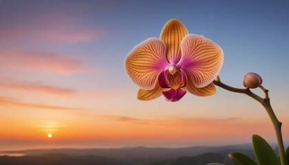 Pink Orchid Flower with Sunset over Mountains and Water