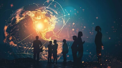 A group of people are standing around a globe, with a blue and green background