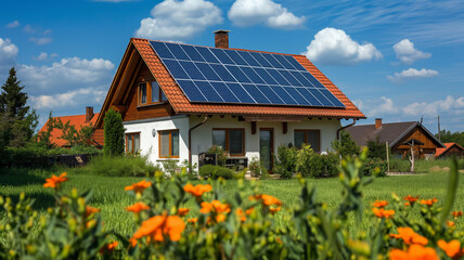Dom z instalacją fotowoltaiczną. Czyste powietrze. Odnawialne źródła energii 