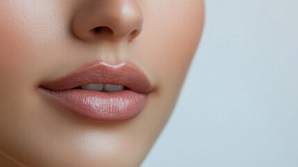 Obraz premium A close-up of a woman lips with a subtle, natural lip balm, showing smoothness and hydration, with a clean and simple background that emphasizes the lip care aspect.
