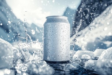 A white 330ml can covered with water droplets, floating in a snowy mountain landscape with splashing water and falling snowflakes. Beverage mockup marketing concept.