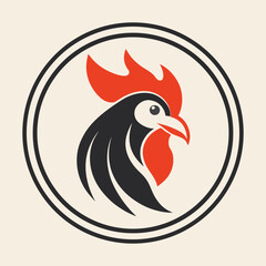 Minimalist vector illustration of a rooster's head with bold logo lines and a clean, modern look.