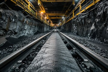 Empty tunnel, post-apocalyptic shelter, rails going into darkness conveyor belt in underground coal mine