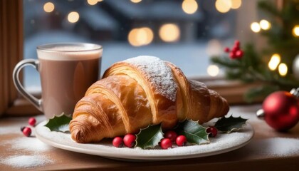 Freshly Baked Croissant with Chocolate and Holly Berries