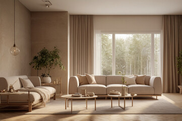 Fototapeta premium Modern living room, beige color scheme