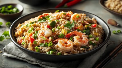 A delicious bowl of shrimp fried rice garnished with herbs and vegetables, showcasing vibrant colors and textures.