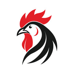 Minimalist vector illustration of a rooster's head with bold logo lines and a clean, modern look.