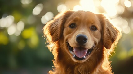 A close-up of an adorable dog with a playful expression, featuring its soft fur and bright eyes, set against a sunny outdoor backdrop.