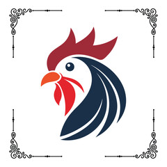 Minimalist vector illustration of a rooster's head with bold logo lines and a clean, modern look.