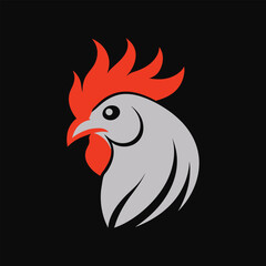 Minimalist vector illustration of a rooster's head with bold logo lines and a clean, modern look.