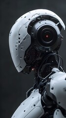 Fototapeta premium Close-up of a White Robot's Head with a Black Eye and Red Light