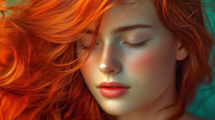 Obraz premium A portrait of a young woman with vibrant red hair relaxing against a teal background during sunset, capturing a serene moment of tranquility