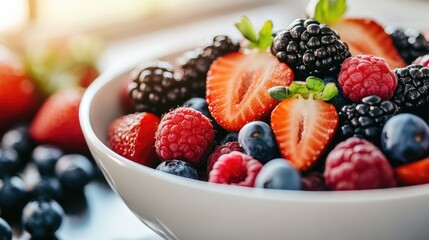 A close-up of fresh mixed berries, including strawberries, blueberries, raspberries, and blackberries, arranged beautifully in a white bowl with natural sunlight.
