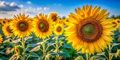 A Single Sunflower in a Field of Yellow, Close-Up Perspective, Vibrant Colors, Summer Bloom, Sunflower Field, Flowers, Nature