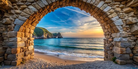 Fototapeta premium A Stone Archway Reveals a Breathtaking Sunset Over the Sea, stone arch, sea, sunset, landscape , ocean , beach