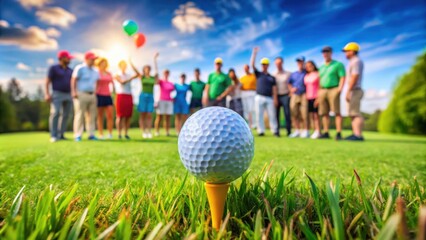 Vibrant and fun golf party on green grass with golf par tee
