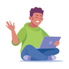 Angry Frown Man Character with Laptop Vector Illustration