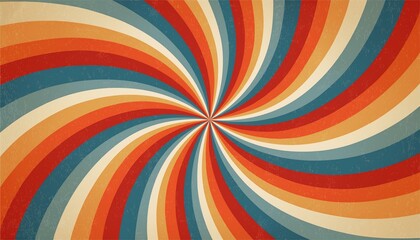 retro starburst sunburst background pattern and grunge textured vintage color palette of orange red beige peach and blue in spiral or swirled radial striped vector design