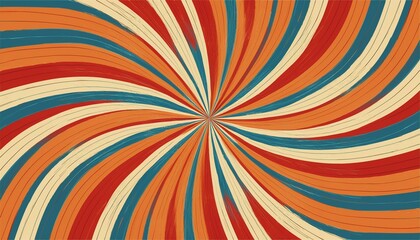 retro starburst sunburst background pattern and grunge textured vintage color palette of orange red beige peach and blue in spiral or swirled radial striped vector design