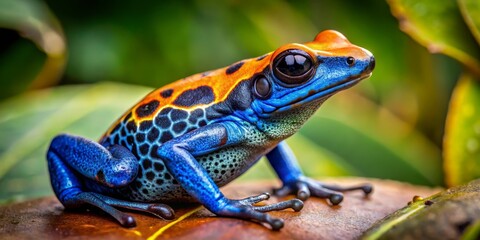 Fototapeta premium A Vibrant Blue Poison Dart Frog in its Natural Habitat, Macro Photography, Close-up of a Frog's Skin, Amphibian, Rainforest