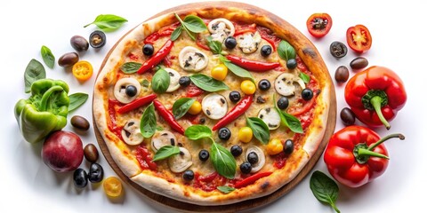 A Vegetarian Pizza Feast A Colorful Composition of Fresh Vegetables and Herbs, Pizza, Basil, Mushrooms, Tomatoes, Peppers, Olives