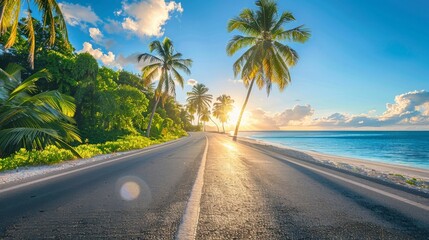 A tropical island road with palm trees lining the sides, a pristine beach visible in the distance, and the ocean glistening under the sun