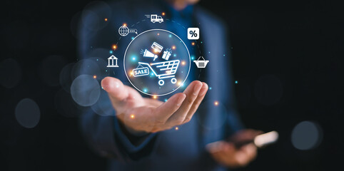 Online digital marketing concept. Investment E-commerce sale concept. Business man use mobile phone, market channel solution. Promotion product service plan, search engine, social media, website SEO