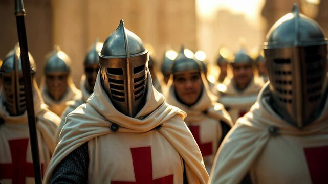 Medieval Knights Templar in armor, white cloaks with red crosses before battle.