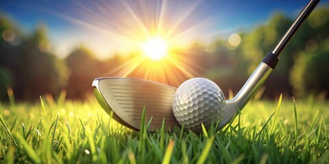 Golf club poster template featuring a golf ball and club on a green grass background