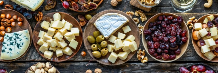 Wine Plates, Cheeseboard, Cheese Mix, Dried Fruits and Nuts. Various Cheese Pieces, Diced Cheddar