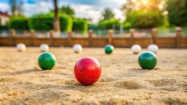 Traditional Italian bocce game played outdoors on a sandy court with colored balls and a small white target ball